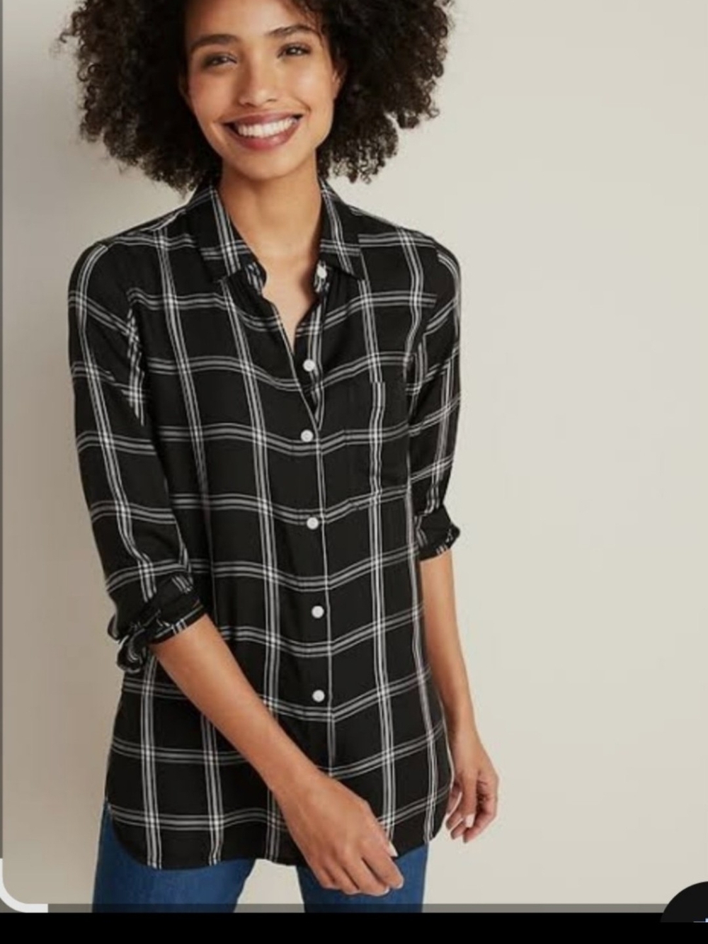Old Navy Black and White Windowpane Button-Front Long Sleeve Tunic